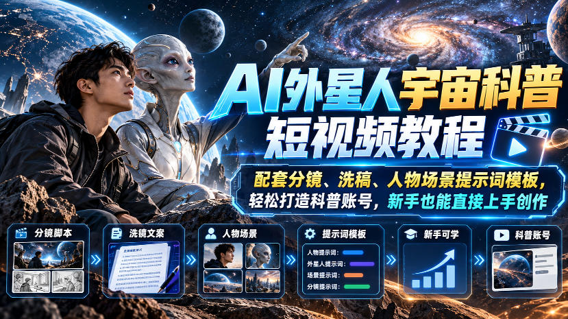 AI外星人宇宙科普短视频教程，配套分镜、洗稿、人物场景提示词模板，轻松打造科普账号，新手也能直接上手创作-小二项目网