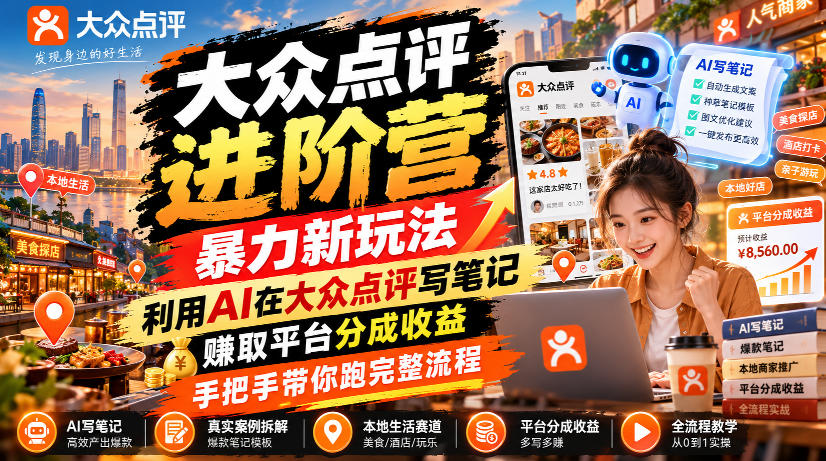 大众点评进阶营，暴力新玩法，利用AI在大众点评写笔记， 賺取平台分成收益，手把手带你跑完整流程-小二项目网