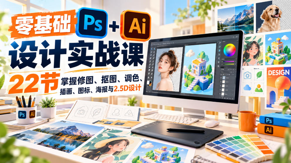 【无水印】零基础PS+AI设计实战课｜22节掌握修图、抠图、调色、插画、图标、海报与2.5D设计-小二项目网