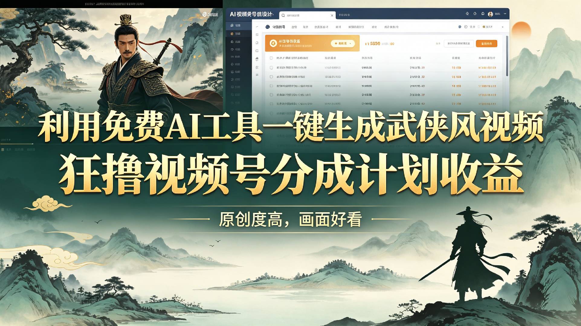 利用免费AI工具一键生成武侠风视频,狂撸视频号分成计划收益,原创度高,画面好看-小二项目网