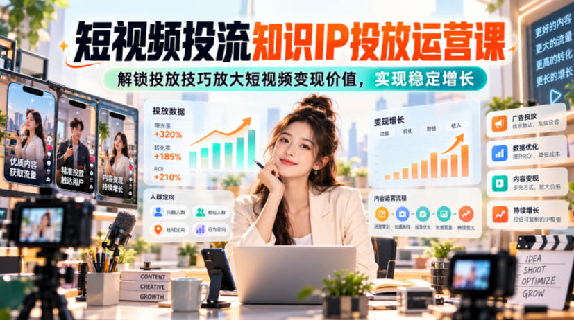 短视频投流知识IP投放运营课，解锁投放技巧放大短视频变现价值，实现稳定增长-小二项目网