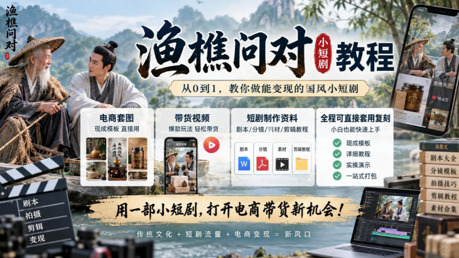 渔樵问对小短剧教程，包含电商套图、带货视频，短剧制作资料，全程可直接套用复刻-小二项目网