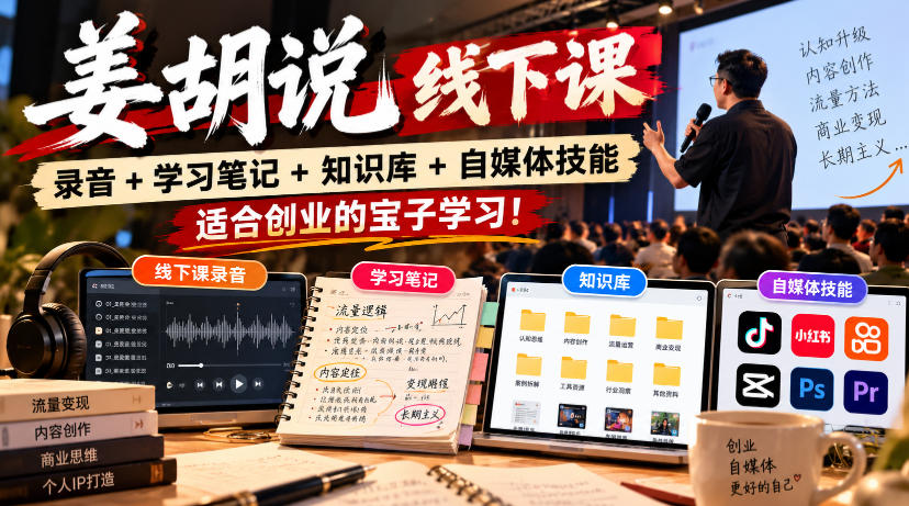 姜胡说线下课录音＋学习笔记＋知识库＋自媒体技能，​适合创业的宝子学习！-小二项目网