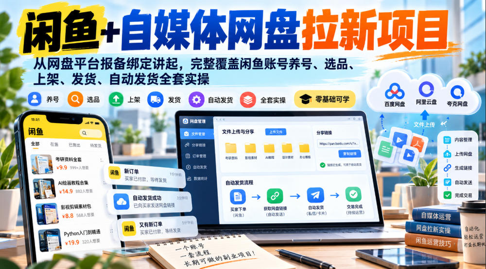 闲鱼+自媒体网盘拉新项目，从网盘平台报备绑定讲起，完整覆盖闲鱼账号养号、选品、上架、发货、自动发货全套实操-小二项目网