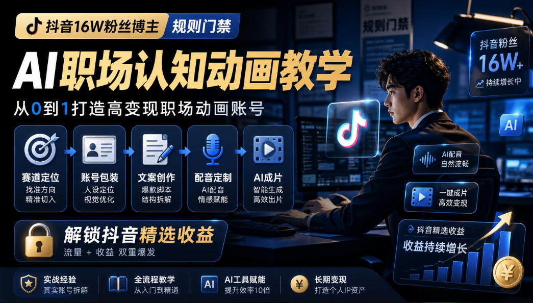 抖音16W粉丝博主规则门禁的AI职场认知动画教学，从赛道定位、账号包装，到文案创作、配音定制、AI成片，解锁抖音精选收益-小二项目网