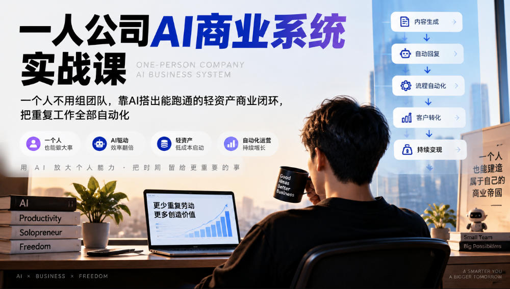 一人公司AI商业系统实战课，一个人不用组团队，靠AI搭出能跑通的轻资产商业闭环，把重复工作全部自动化-小二项目网