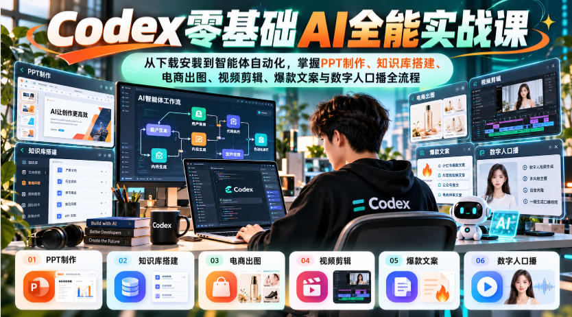 Codex零基础AI全能实战课：从下载安装到智能体自动化，掌握知识库搭建、电商出图、视频剪辑、爆款文案与数字人口播全流程-小二项目网