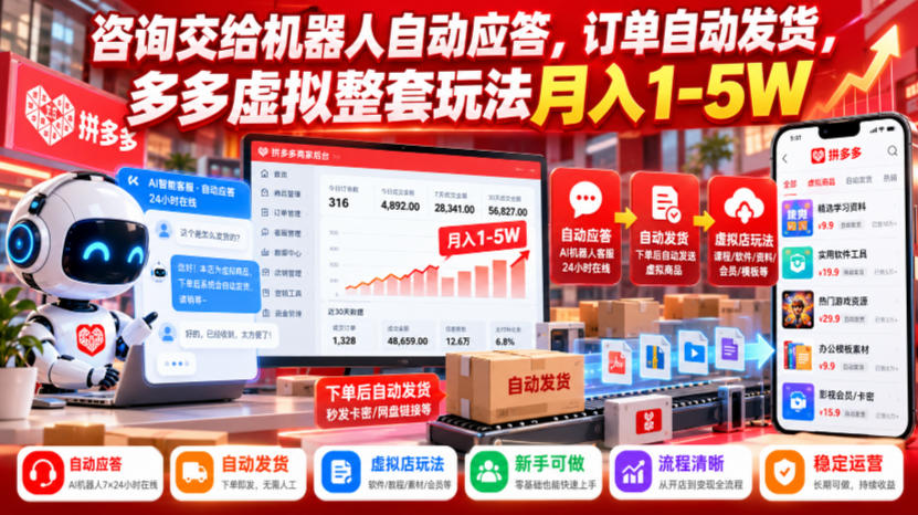 咨询交给机器人自动应答，订单自动发货，多多虚拟整套玩法月入1-5W【揭秘】-小二项目网