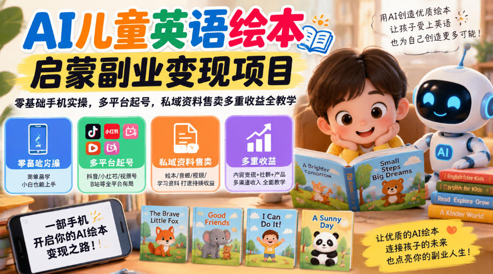AI儿童英语绘本启蒙副业变现项目，零基础手机实操，多平台起号，私域资料售卖多重收益全教学-小二项目网