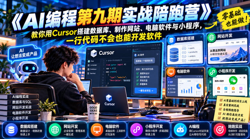 【无水印】《AI编程第九期实战陪跑营》教你用Cursor搭建数据库、制作网站、电脑软件与小程序，一行代码不会也能开发软件-小二项目网