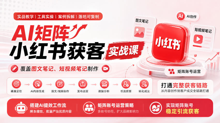 AI矩阵小红书获客实战课，覆盖图文笔记、短视频笔记制作，打通完整获客链路，搭建AI提效工作流，实现矩阵账号稳定引流获客-小二项目网