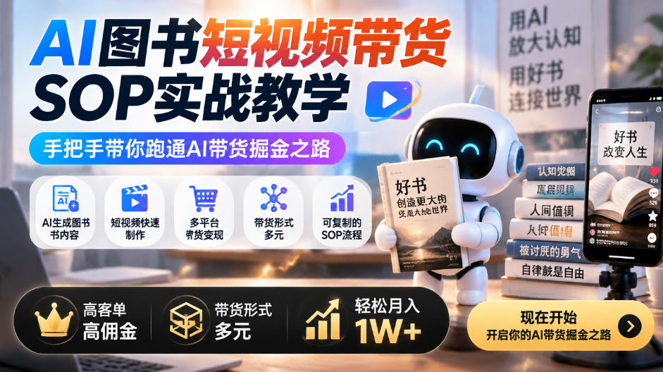 AI图书短视频带货SOP实战教学，手把手带你跑通AI带货掘金之路，高客单高佣金，带货形式多元，轻松月入1W+-小二项目网