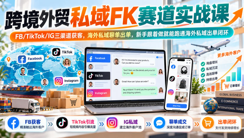 跨境外贸私域FK赛道实战课｜FB/TikTok/IG三渠道获客，海外私域聊单出单，新手跟着做就能跑通海外私域出单闭环-小二项目网