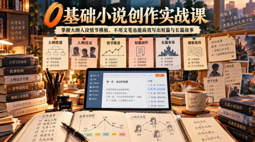 0基础小说创作实战课｜掌握大纲人设情节模板，不用文笔也能高效写出短篇与长篇故事-小二项目网