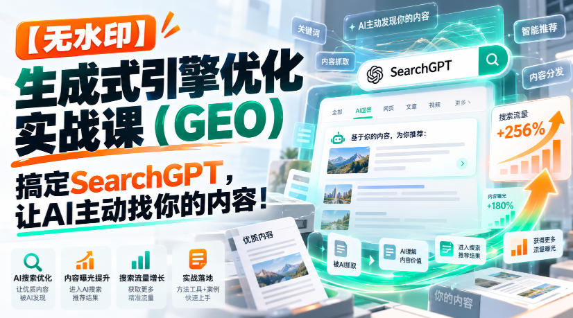 【无水印】生成式引擎优化（GEO）实战课：搞定SearchGPT，让AI主动找你的内容！【原创双语字幕】-小二项目网
