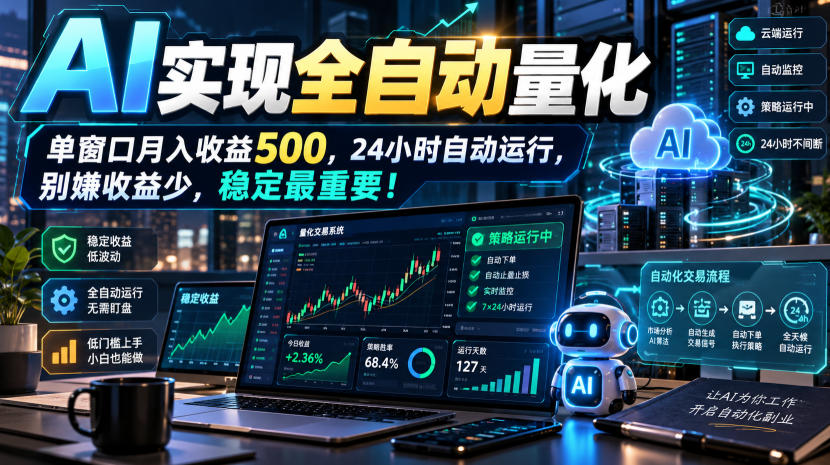 AI实现全自动量化，单窗口月入收益500，24小时自动运行，别嫌收益少，稳定最重要！【揭秘】-小二项目网