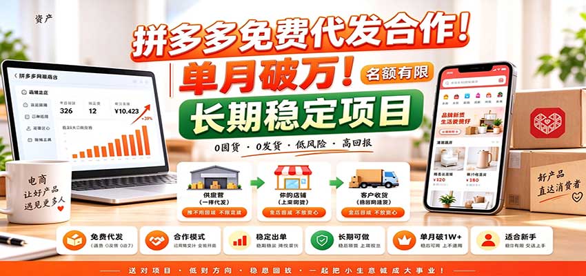 拼多多免费代发合作|单月破万!长期稳定项目,名额有限-小二项目网