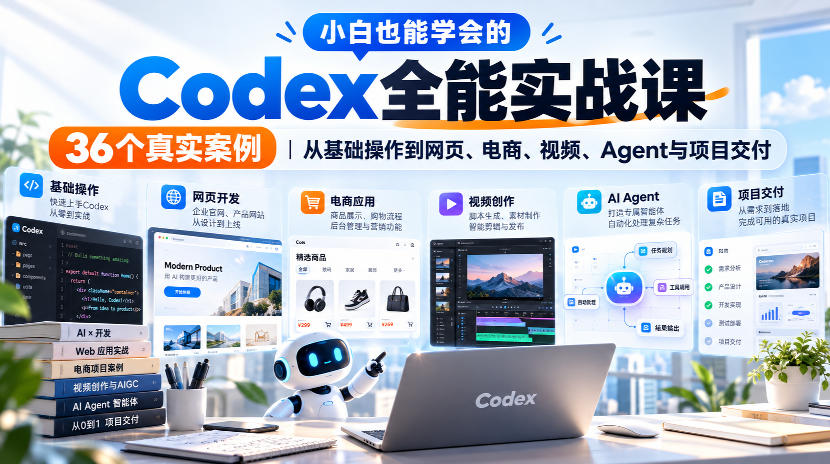 小白也能学会的Codex全能实战课｜36个真实案例，从基础操作到网页、电商、视频、Agent与项目交付-小二项目网