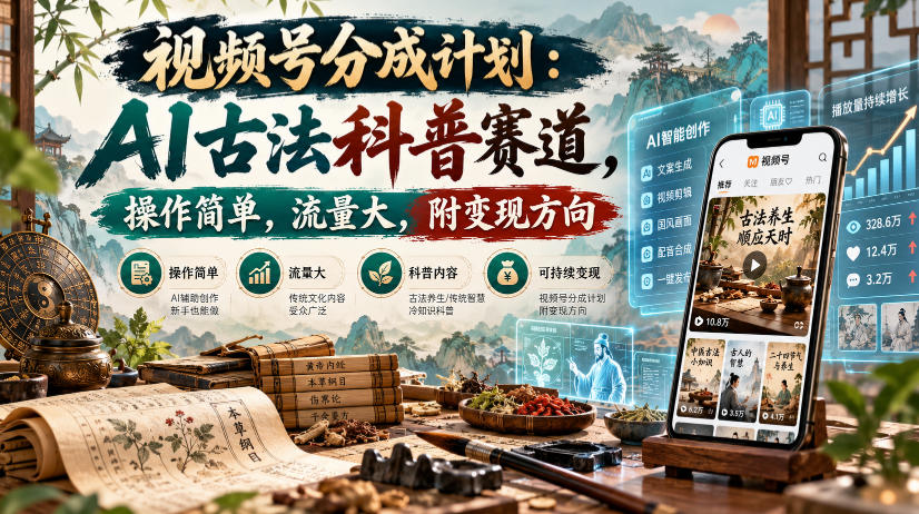 视频号分成计划：AI古法科普赛道，操作简单，流量大，附变现方向-小二项目网