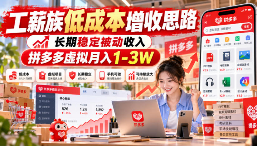 工薪族低成本增收思路，长期稳定被动收入，拼多多虚拟月入1-3W-小二项目网
