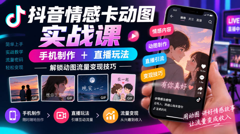 抖音情感卡动图实战课｜手机制作+直播玩法，解锁动图流量变现技巧-小二项目网