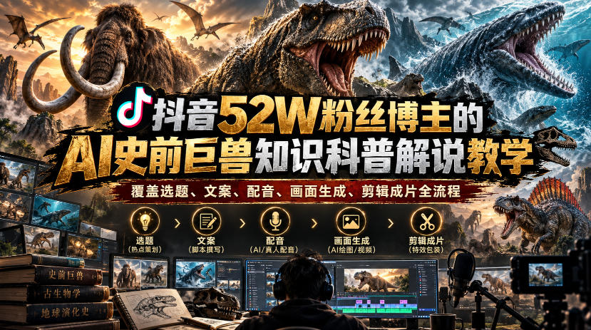 抖音52W粉丝博主的AI史前巨兽知识科普解说教学，覆盖选题、文案、配音、画面生成、剪辑成片全流程-小二项目网