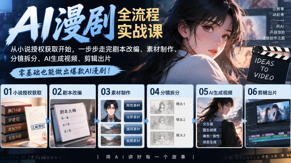 AI漫剧全流程实战课｜从小说授权获取开始，一步步走完剧本改编、素材制作、分镜拆分、AI生成视频、剪辑出片全流程-小二项目网