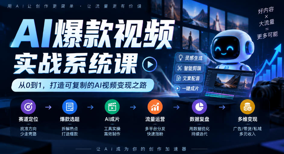 AI爆款视频实战系统课｜赛道定位、爆款选题、AI成片、流量运营、数据复盘、多维变现全链路教学-小二项目网
