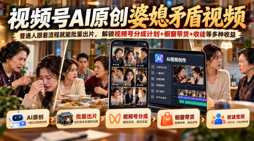视频号ai原创婆媳矛盾视频，普通人跟着流程就能批量出片，解锁视频号分成计划+橱窗带货+收徒等多种收益-小二项目网