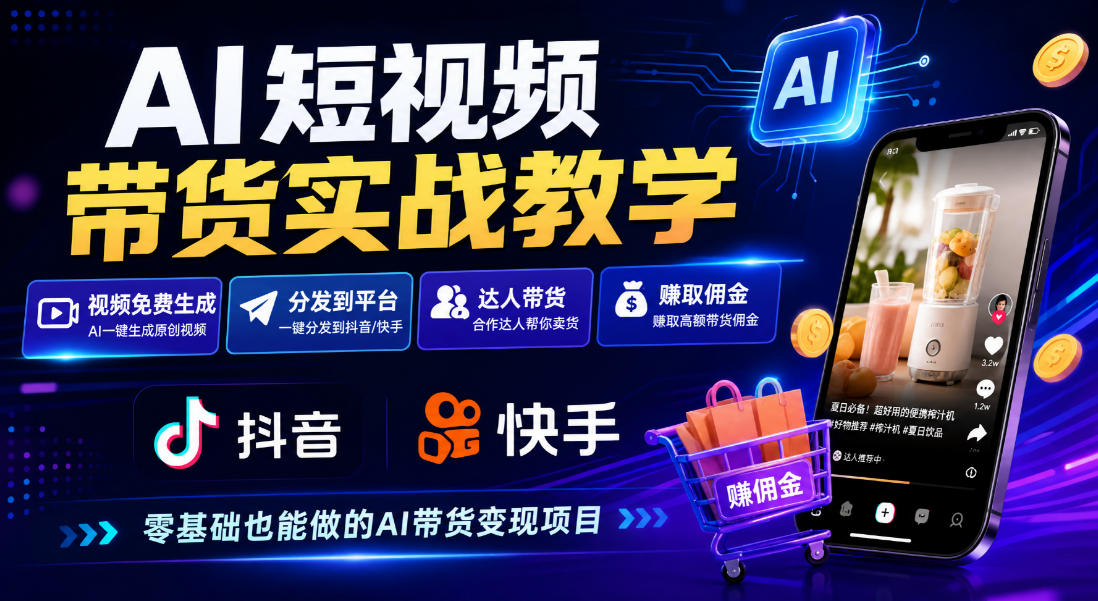 AI短视频带货实战教学，视频免费生成，分发到抖音快手平台，达人带货賺佣金-小二项目网