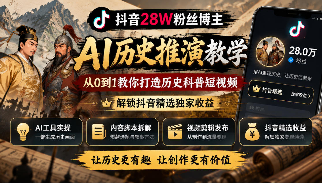 抖音28W粉丝博主的AI历史推演教学，从0到1教你打造历史科普短视频，解锁抖音精选独家收益-小二项目网