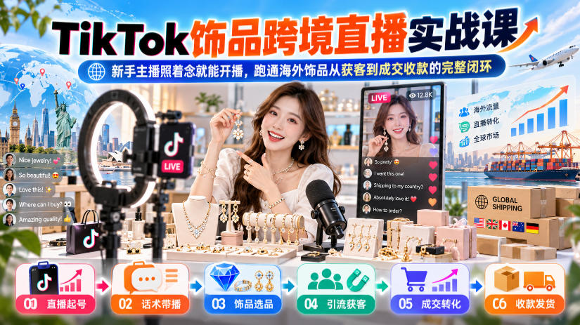 TikTok饰品跨境直播实战课，新手主播照着念就能开播，跑通海外饰品从获客到成交收款的完整闭环-小二项目网