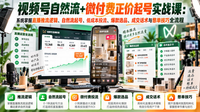 视频号自然流+微付费正价起号实战课：系统掌握直播推流逻辑、自然流起号、低成本投流、爆款选品、成交话术与憋单技巧全流程-小二项目网