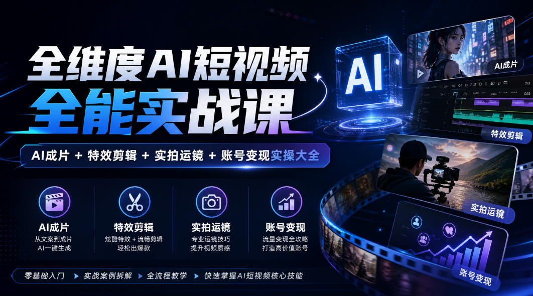 全维度AI短视频全能实战课，AI成片+特效剪辑+实拍运镜+账号变现实操大全-小二项目网