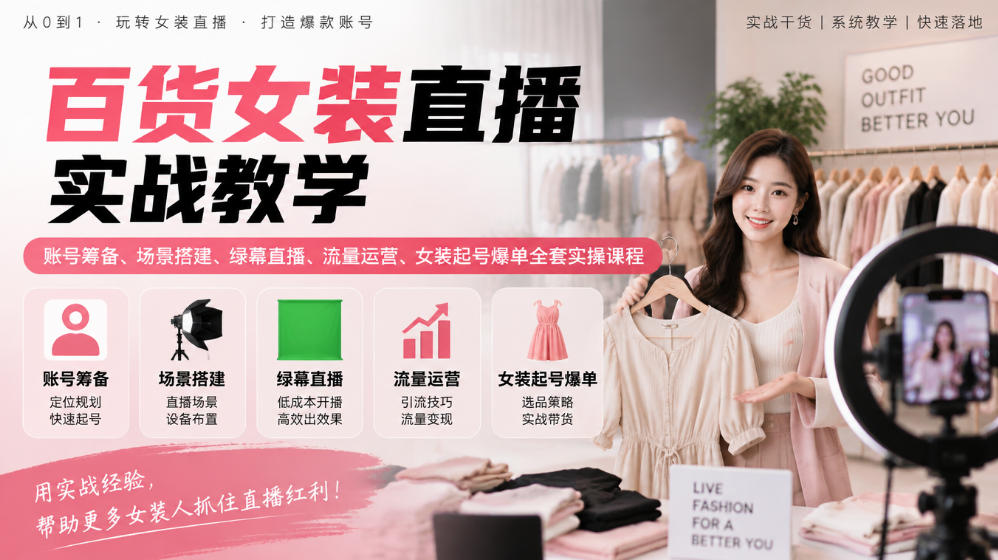 百货女装直播实战教学｜账号筹备、场景搭建、绿幕直播、流量运营、女装起号爆单全套实操课程-小二项目网