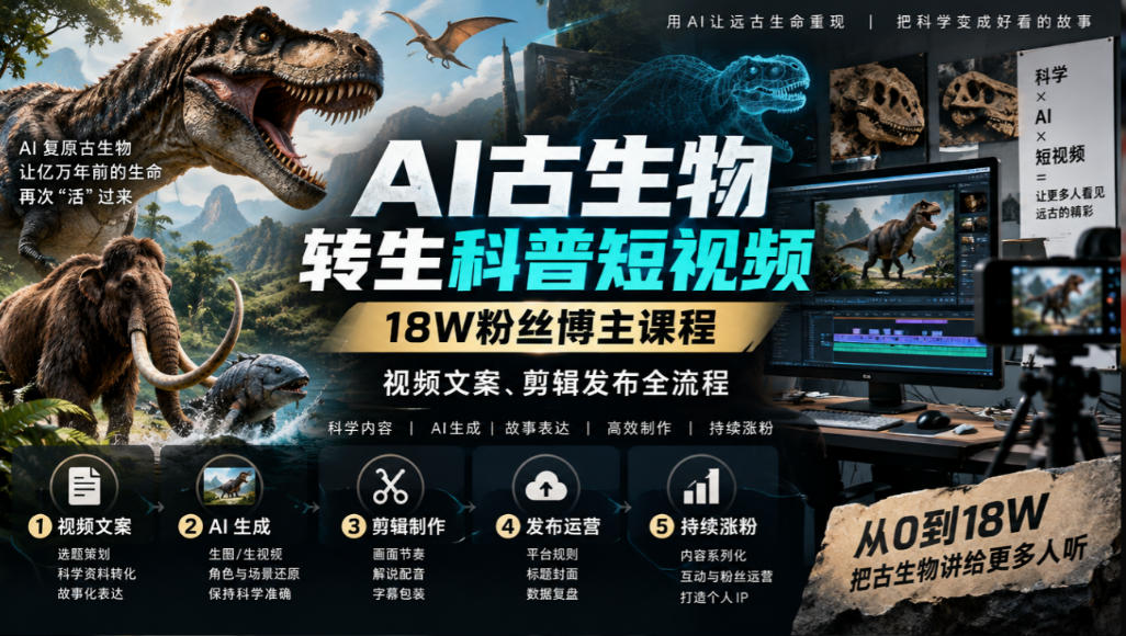 AI古生物转生科普短视频，18W粉丝博主课程，视频文案、剪辑发布全流程-小二项目网
