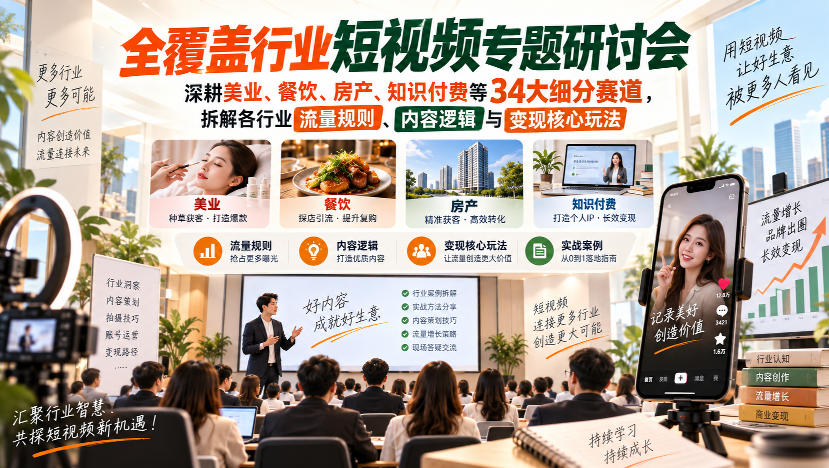 短视频专题研讨会，深耕美业、餐饮、房产、知识付费等34大细分赛道，拆解各行业流量规则、内容逻辑与变现核心玩法（更新1011）-小二项目网