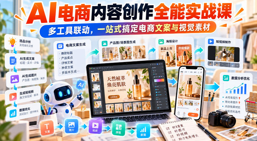 【无水印】AI电商内容创作全能实战课｜多工具联动，一站式搞定电商文案与视觉素材-小二项目网