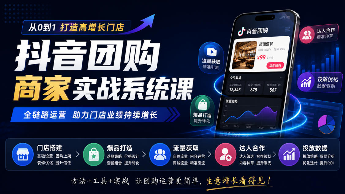 抖音团购商家实战系统课｜门店搭建、爆品打造、流量获取、达人合作、投放数据全链路运营-小二项目网