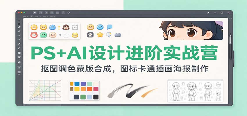 PS+AI设计进阶实战营：抠图调色蒙版合成，图标卡通插画海报制作-小二项目网