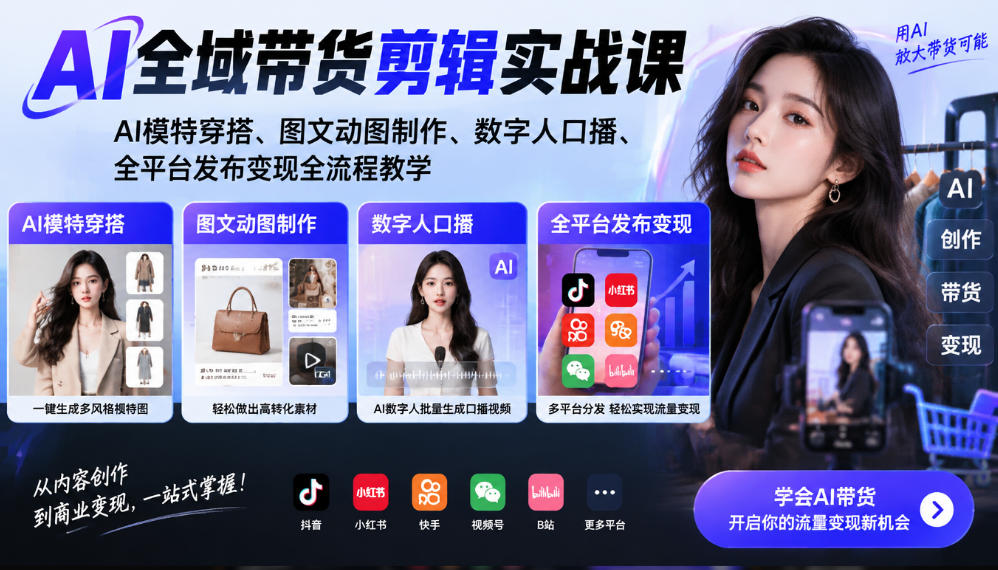 AI全域带货剪辑实战课｜AI模特穿搭、图文动图制作、数字人口播、全平台发布变现全流程教学-小二项目网