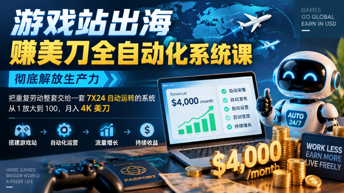 游戏站出海賺美刀全自动化系统课，彻底解放生产力–把重复劳动整套交给一套7X24自动运转的系统，从1放大到100，月入4K美刀-小二项目网