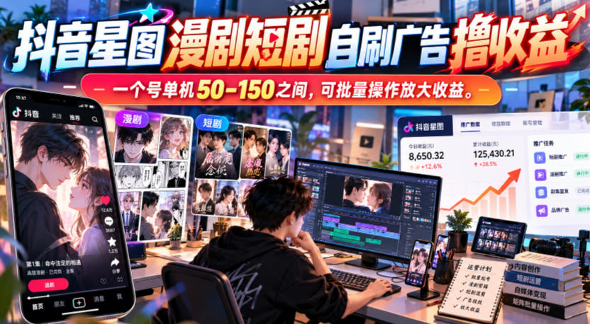 抖音星图漫剧短剧自刷广告撸收益，一个号单机50-150之间，可批量操作放大收益-小二项目网