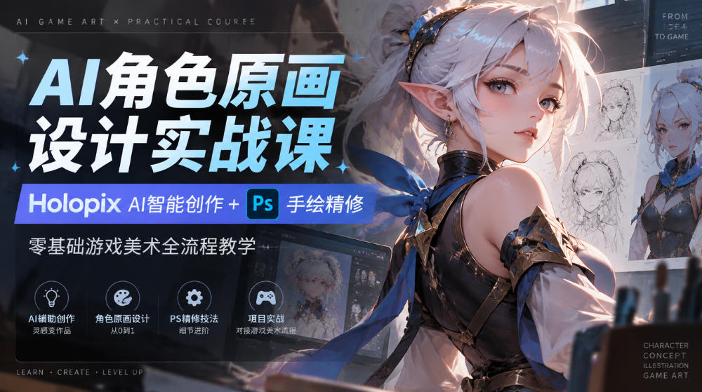 AI角色原画设计实战课｜Holopix AI智能创作+PS手绘精修，零基础游戏美术全流程教学-小二项目网