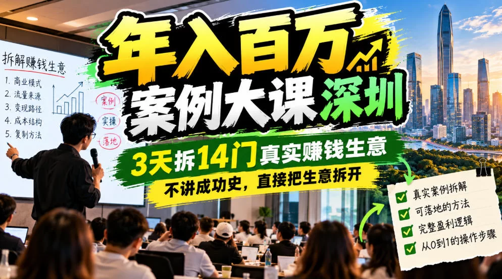 年入百W案例大课深圳，3天拆14门真实賺钱生意，不讲成功史，直接把生意拆开-小二项目网