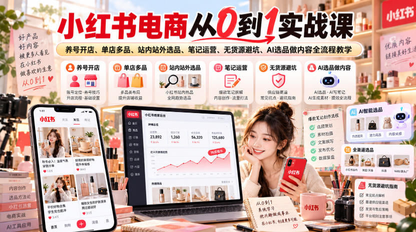 小红书电商从0到1实战课｜养号开店、单店多品、站内站外选品、笔记运营、无货源避坑、AI选品做内容全流程教学-小二项目网