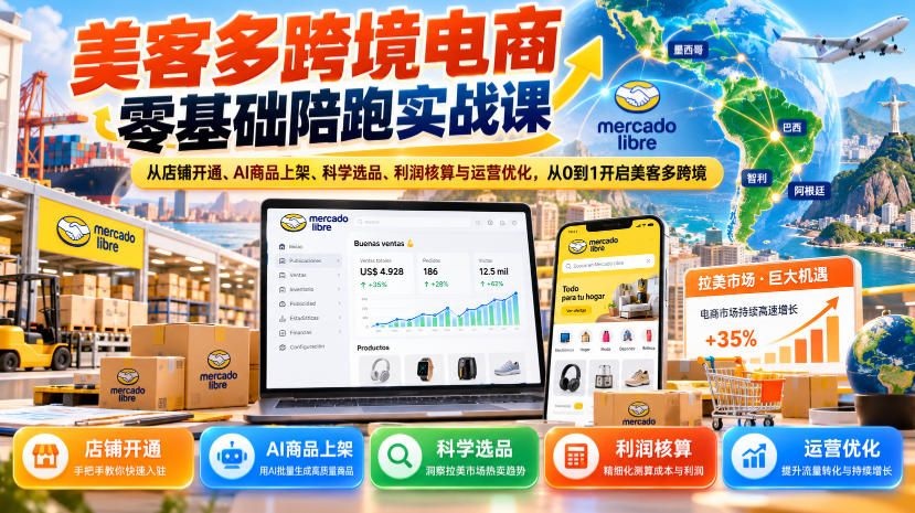 美客多跨境电商零基础陪跑实战课：从店铺开通、AI商品上架、科学选品、利润核算与运营优化，从0到1开启美客多跨境-小二项目网