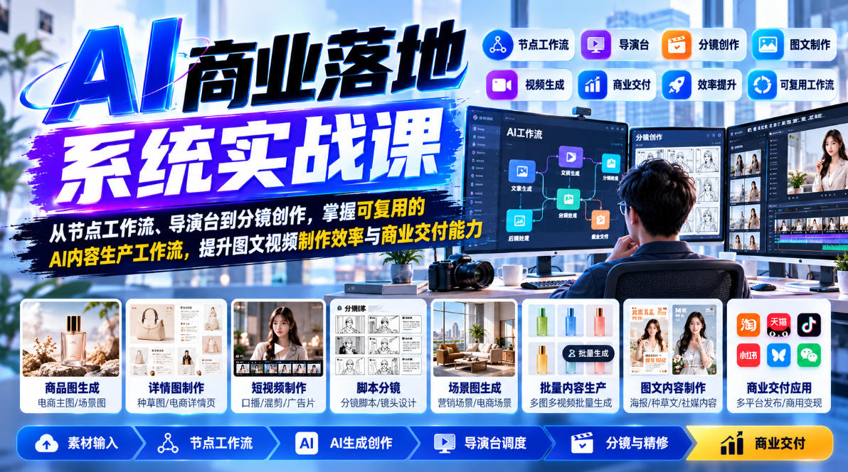 【无水印】AI商业落地系统实战课，从节点工作流、导演台到分镜创作，掌握可复用的AI内容生产工作流，提升图文视频制作效率与商业交付能力-小二项目网