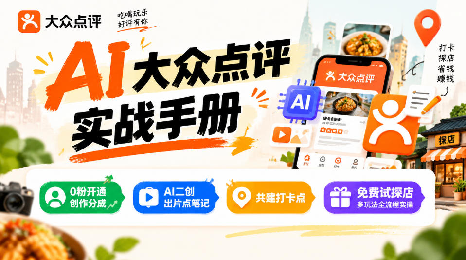 某局的AI大众点评实战手册，0粉开通创作分成、AI二创出片点笔记、共建打卡点、免费试探店多玩法全流程实操-小二项目网
