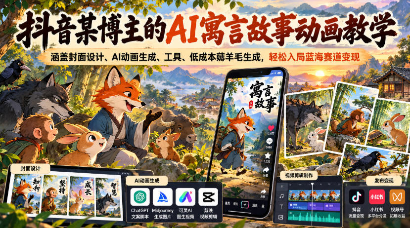 抖音某博主的AI寓言故事动画教学，涵盖封面设计、AI动画生成、工具、低成本薅羊毛生成，轻松入局蓝海赛道变现-小二项目网